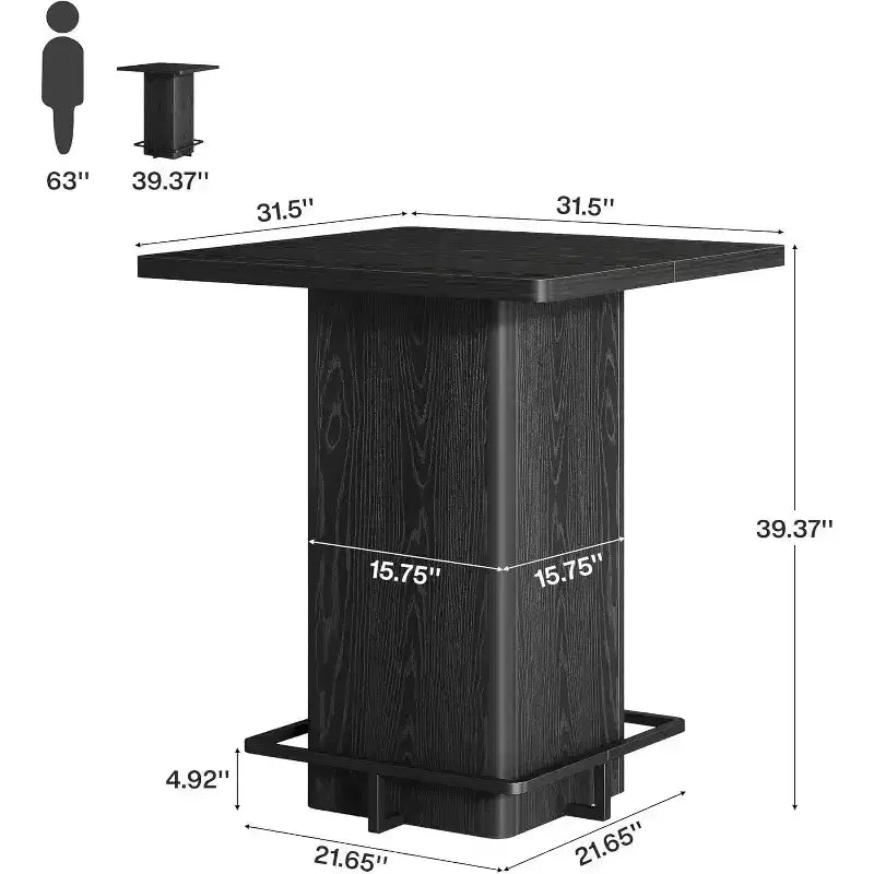 Lantine Square Bar Table, 39.37 High Wooden Bistro Pub Table with Metal Frame Footrest for Dining Coffee Cocktail Living Room, Small Space