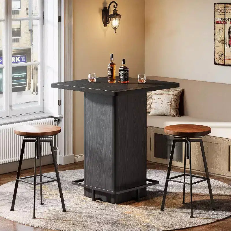 Lantine Square Bar Table, 39.37 High Wooden Bistro Pub Table with Metal Frame Footrest for Dining Coffee Cocktail Living Room, Small Space