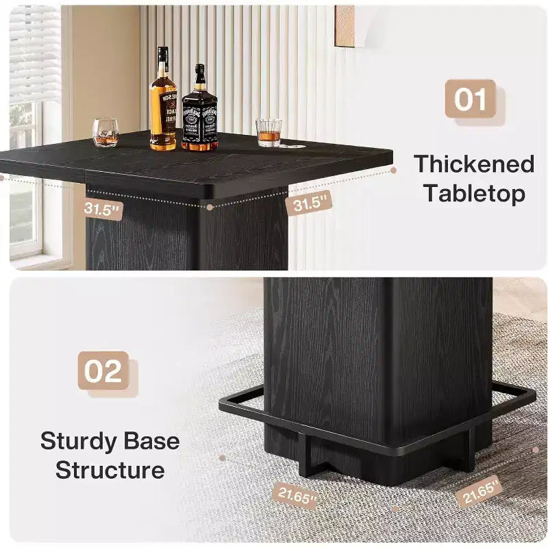 Lantine Square Bar Table, 39.37 High Wooden Bistro Pub Table with Metal Frame Footrest for Dining Coffee Cocktail Living Room, Small Space