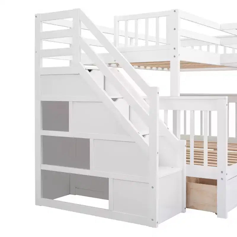 Luxystar Twin Over Twin Over Full L-shaped Bunk Bed With Drawers, Desk, Shelves and Armoire