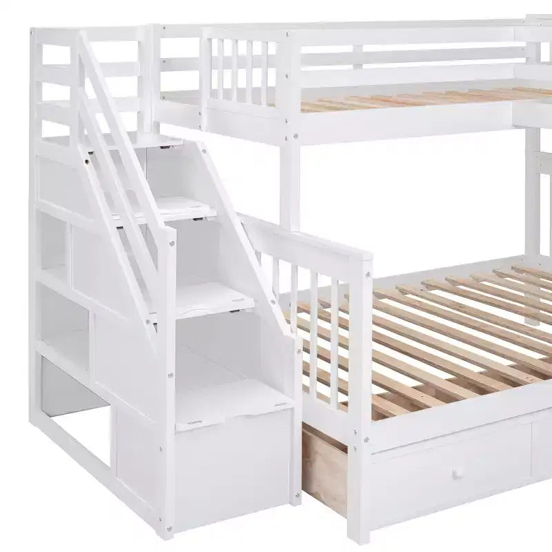 Luxystar Twin Over Twin Over Full L-shaped Bunk Bed With Drawers, Desk, Shelves and Armoire