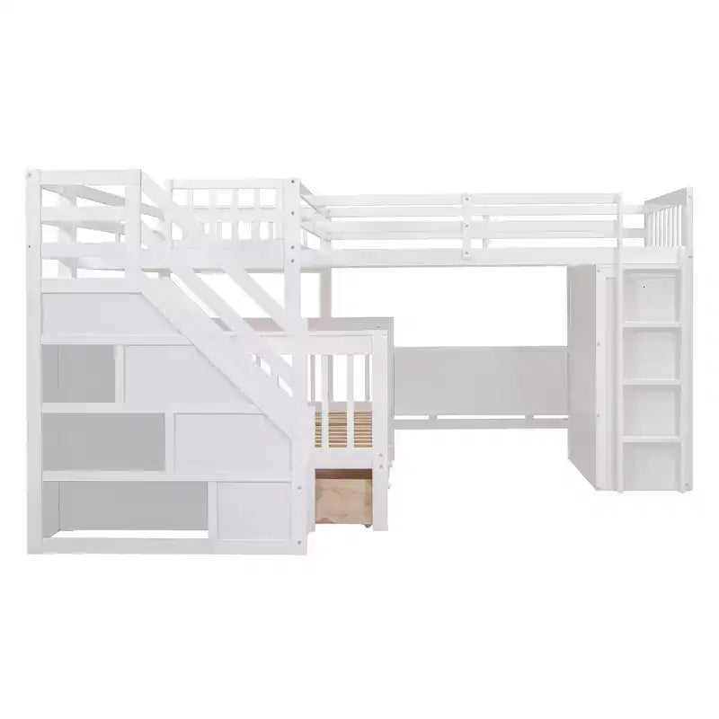 Luxystar Twin Over Twin Over Full L-shaped Bunk Bed With Drawers, Desk, Shelves and Armoire