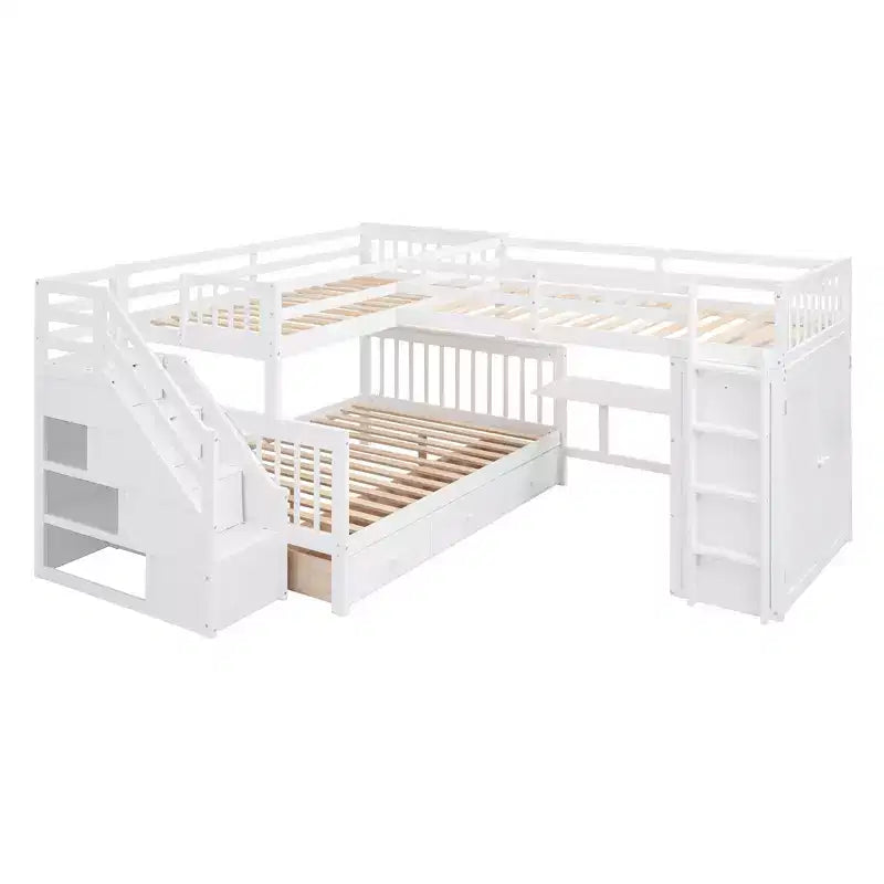 Luxystar Twin Over Twin Over Full L-shaped Bunk Bed With Drawers, Desk, Shelves and Armoire