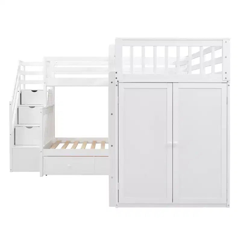 Luxystar Twin Over Twin Over Full L-shaped Bunk Bed With Drawers, Desk, Shelves and Armoire