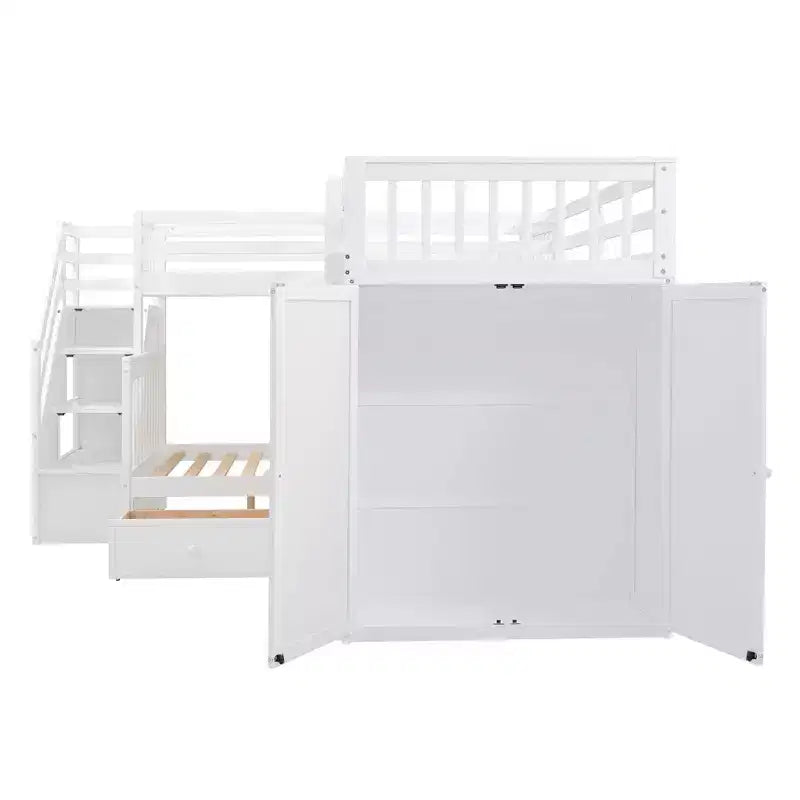 Luxystar Twin Over Twin Over Full L-shaped Bunk Bed With Drawers, Desk, Shelves and Armoire