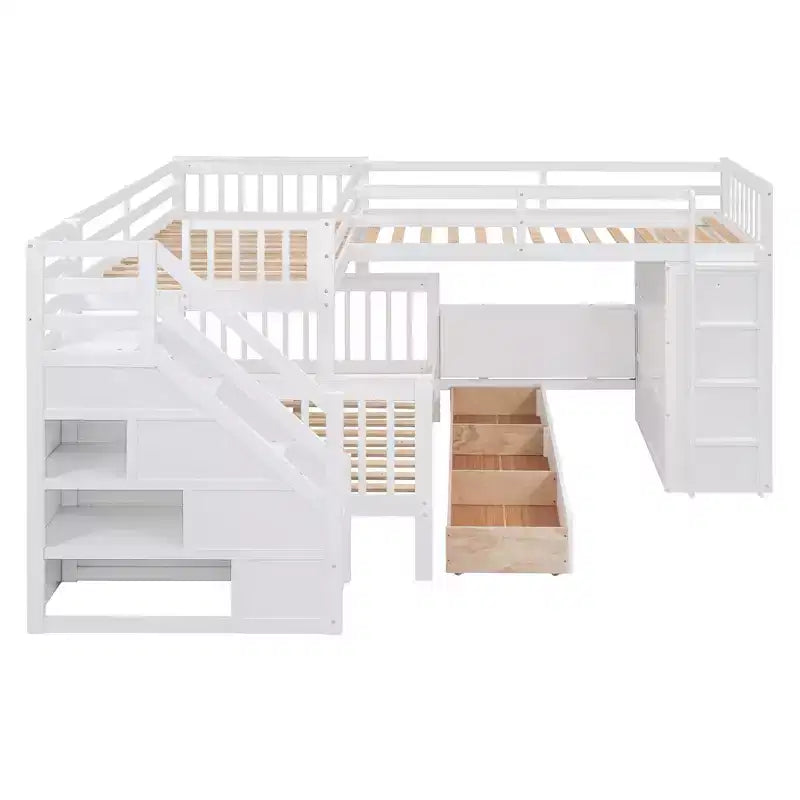 Luxystar Twin Over Twin Over Full L-shaped Bunk Bed With Drawers, Desk, Shelves and Armoire