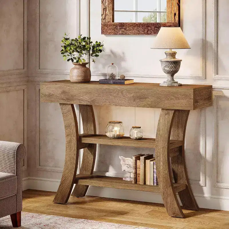 Lantine 41-Inch Small Console Table for Entryway, 3-Tier Narrow Rustic Sofa Table with Storage Shelves for Living Room, Hallway, Foyer, Oak Brown