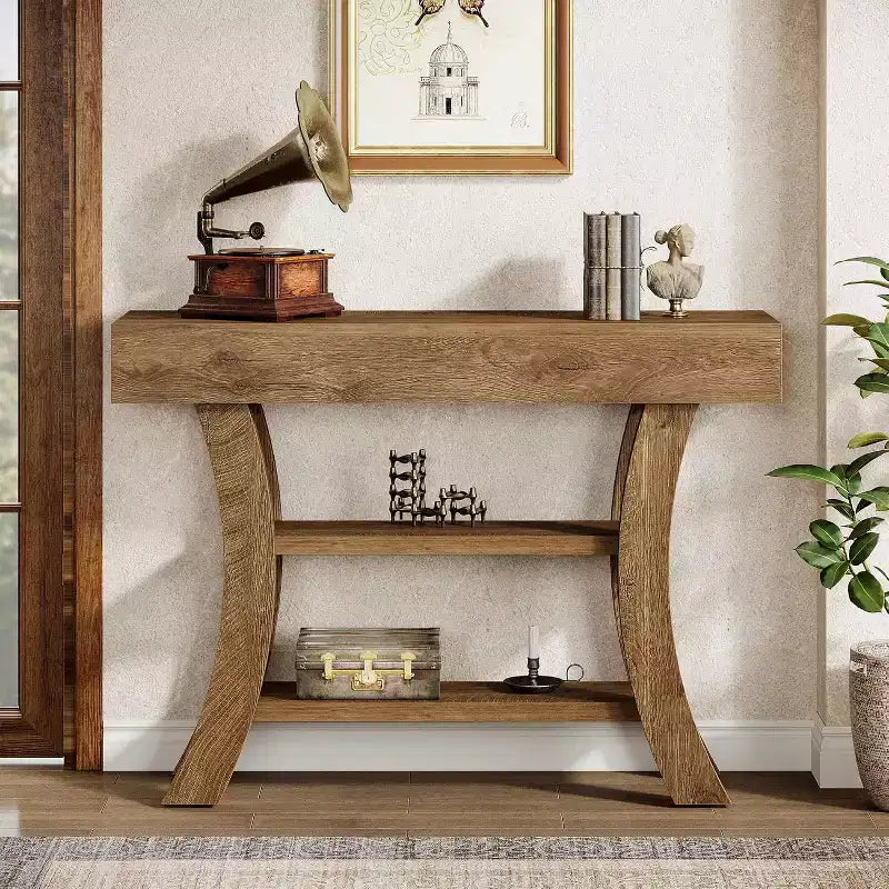 Lantine 41-Inch Small Console Table for Entryway, 3-Tier Narrow Rustic Sofa Table with Storage Shelves for Living Room, Hallway, Foyer, Oak Brown