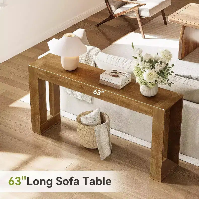 Lantine 63-Inch Long Console Table, Farmhouse Wooden Sofa Table for Living Room, Entryway, Hallway, Foyer, Brown
