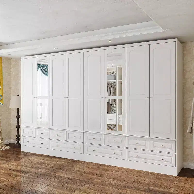 Famapy 3-Door Wardrobe with Mirror,6 Drawers,Adjustable Shelves and Recessed Top Storage Armoire for Bedroom