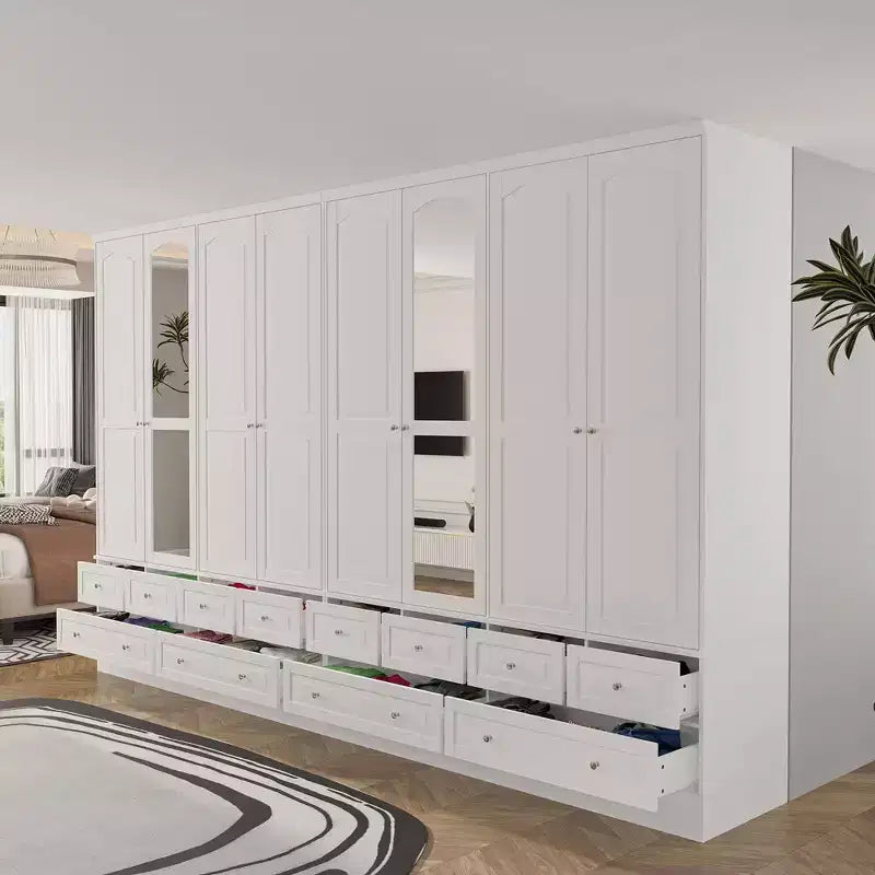 Famapy 3-Door Wardrobe with Mirror,6 Drawers,Adjustable Shelves and Recessed Top Storage Armoire for Bedroom