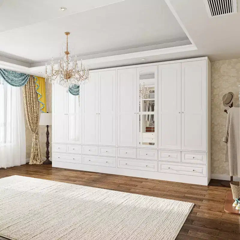 Famapy 3-Door Wardrobe with Mirror,6 Drawers,Adjustable Shelves and Recessed Top Storage Armoire for Bedroom