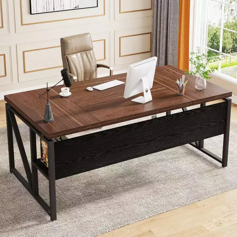 Lantine 63-inch Computer Desk with bottom storage shelf, dark walnut and steel legs, for home office workstation; cabinet not included.