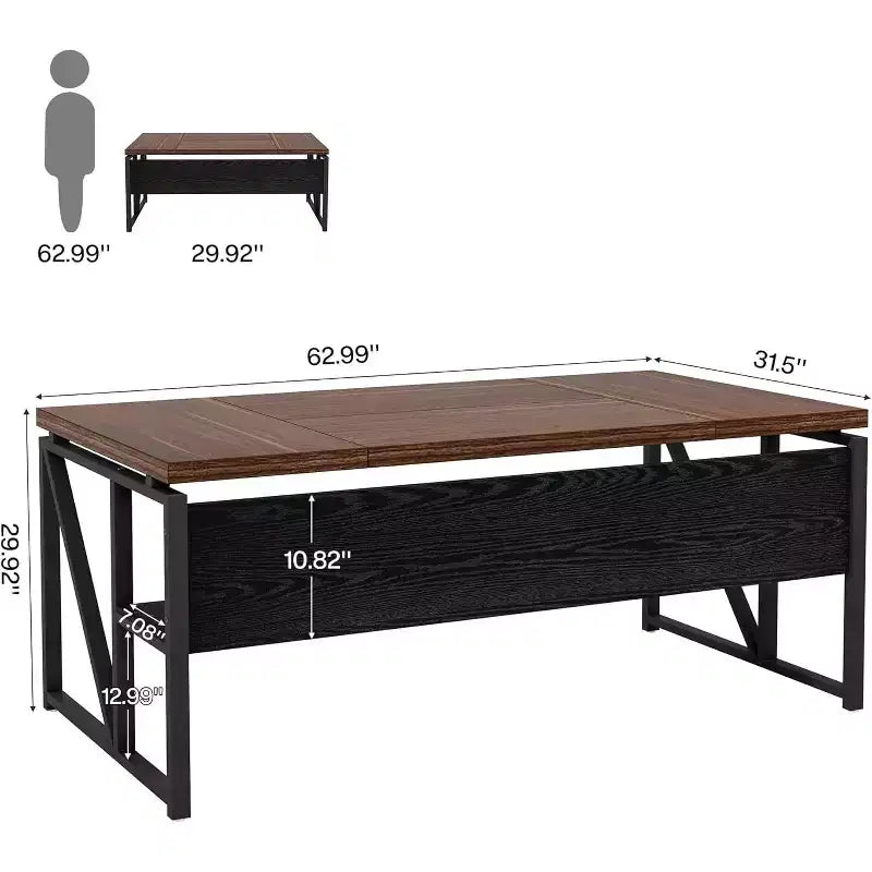 Lantine 63-inch Computer Desk with bottom storage shelf, dark walnut and steel legs, for home office workstation; cabinet not included.