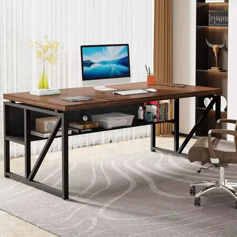 Lantine 63-inch Computer Desk with bottom storage shelf, dark walnut and steel legs, for home office workstation; cabinet not included.