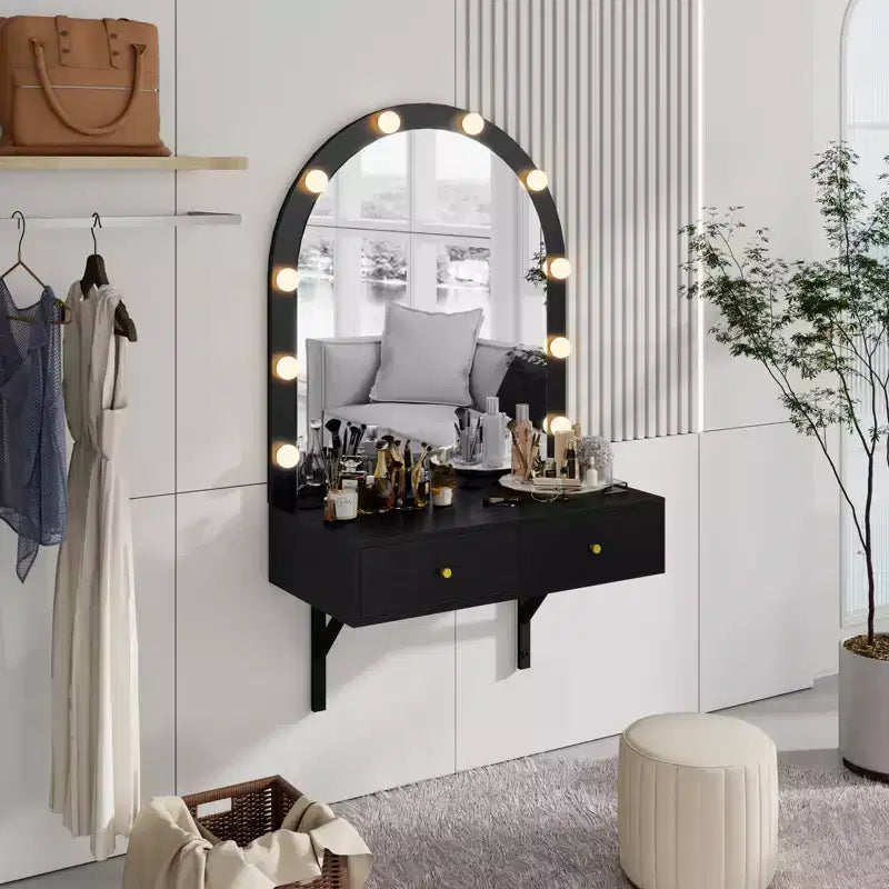 GDFStudio Silas Floating Makeup Vanity Desk with Mirror, 3-Color Lights and Power Outlet