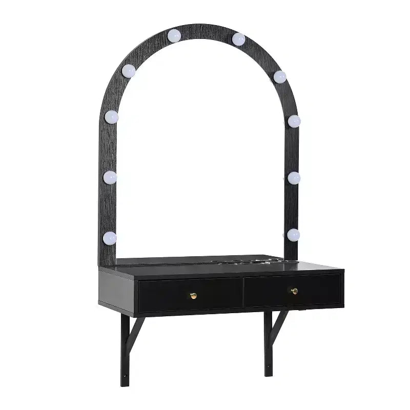 GDFStudio Silas Floating Makeup Vanity Desk with Mirror, 3-Color Lights and Power Outlet