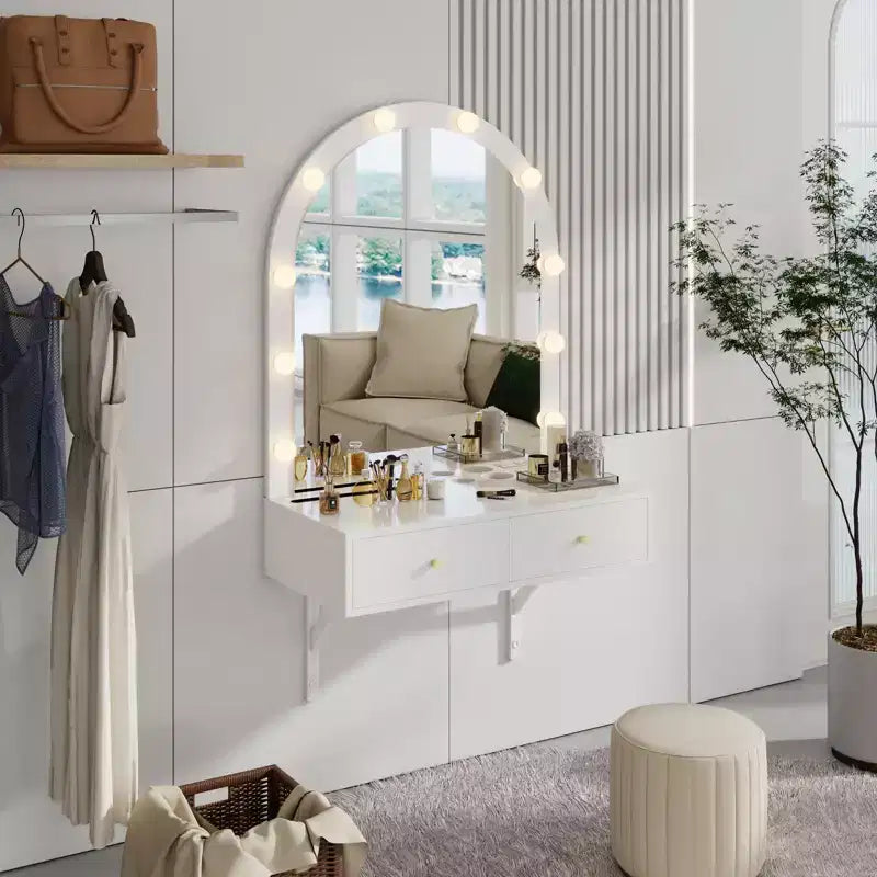 GDFStudio Silas Floating Makeup Vanity Desk with Mirror, 3-Color Lights and Power Outlet