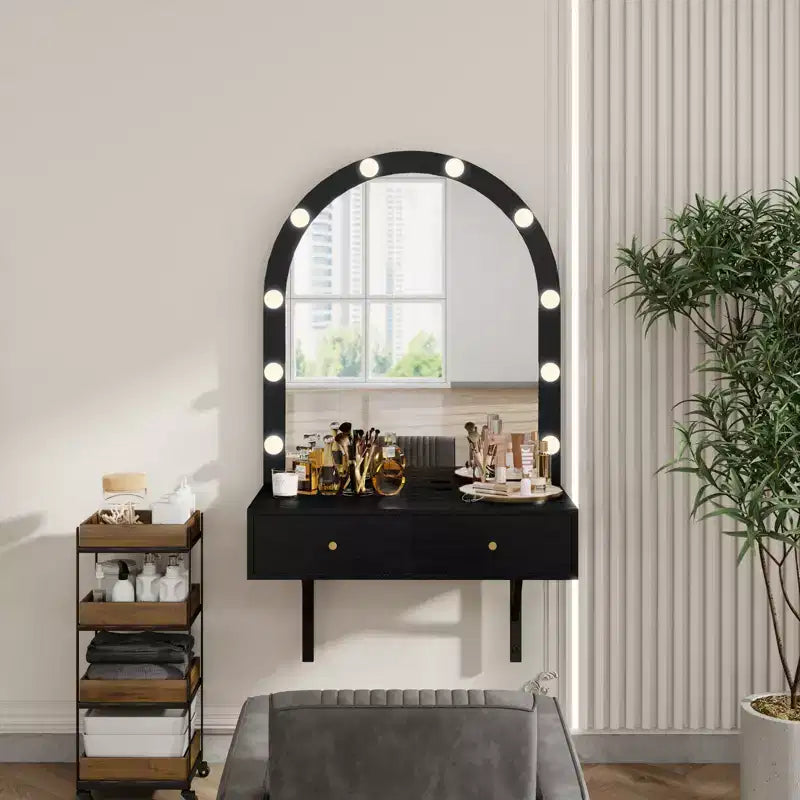GDFStudio Silas Floating Makeup Vanity Desk with Mirror, 3-Color Lights and Power Outlet