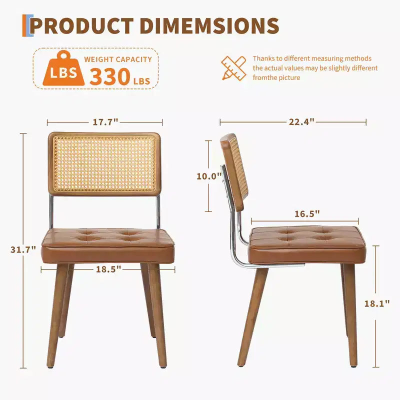 Modern Rattan Dining Chair - Soft Upholstered Seat, Tall Cane Backrest, Solidly Wood Legs - Sturdy Side Chair for Dining Room, Kitchen, or Restaurant