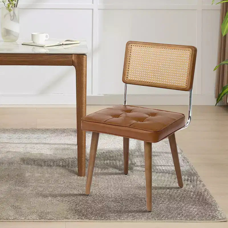Modern Rattan Dining Chair - Soft Upholstered Seat, Tall Cane Backrest, Solidly Wood Legs - Sturdy Side Chair for Dining Room, Kitchen, or Restaurant