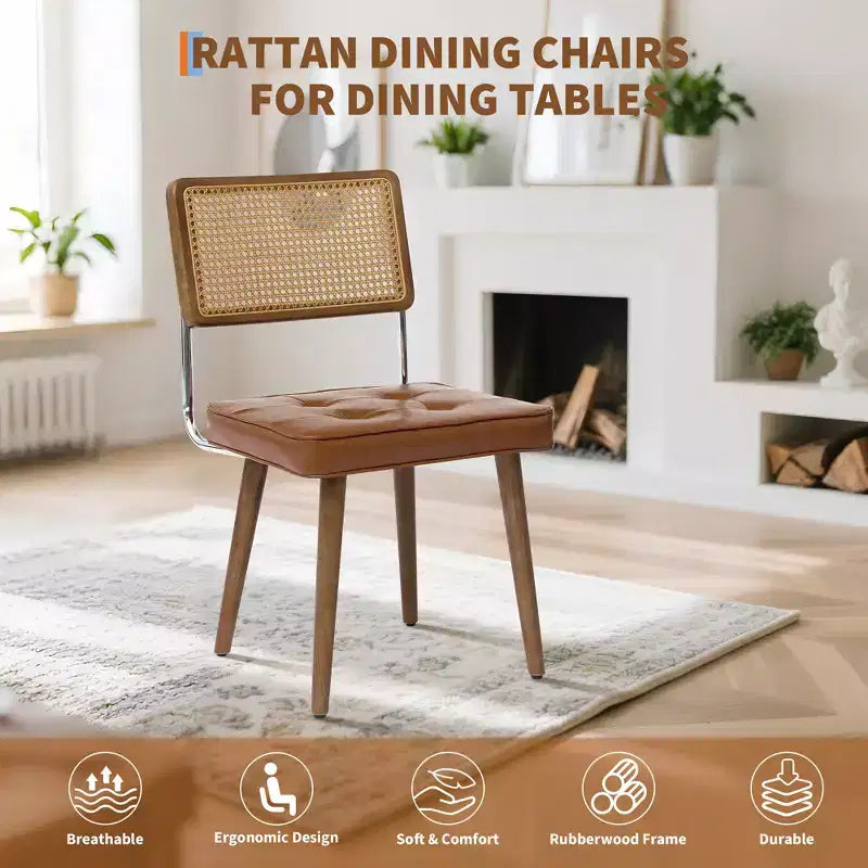 Modern Rattan Dining Chair - Soft Upholstered Seat, Tall Cane Backrest, Solidly Wood Legs - Sturdy Side Chair for Dining Room, Kitchen, or Restaurant