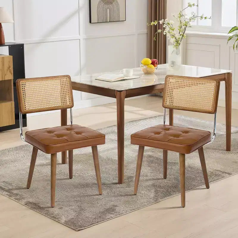 Modern Rattan Dining Chair - Soft Upholstered Seat, Tall Cane Backrest, Solidly Wood Legs - Sturdy Side Chair for Dining Room, Kitchen, or Restaurant