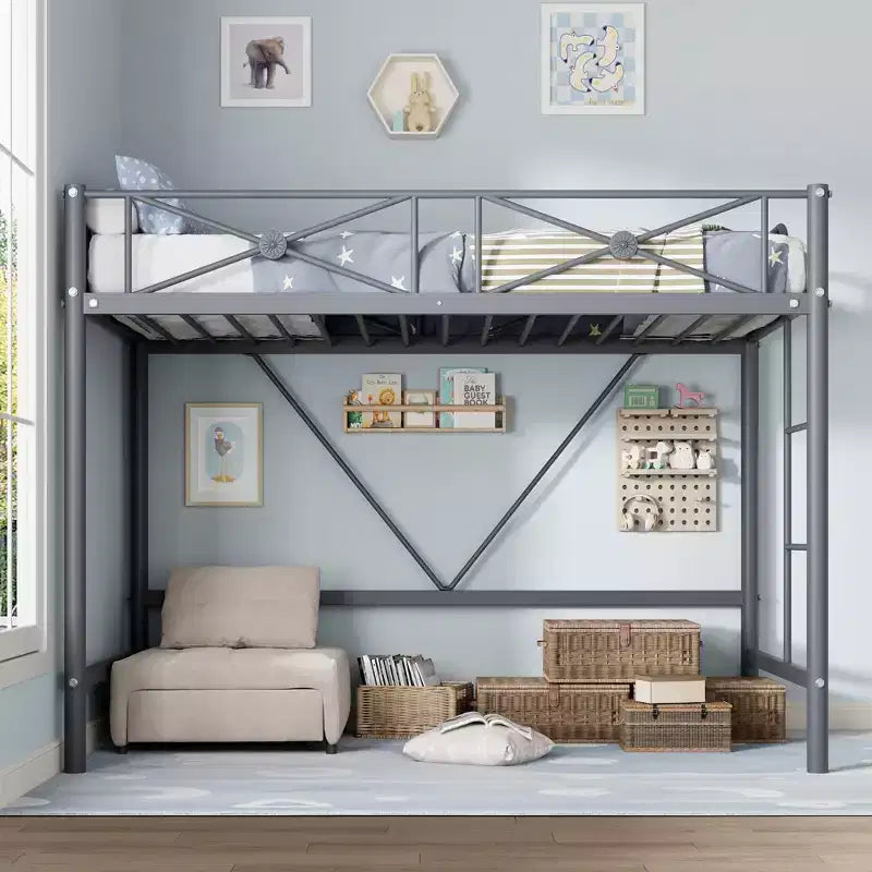 Twin Size Heavy Duty Metal Loft Bed, Modern Steel Frame with Safety Guardrails, Space-Saving for Bedroom & School Use