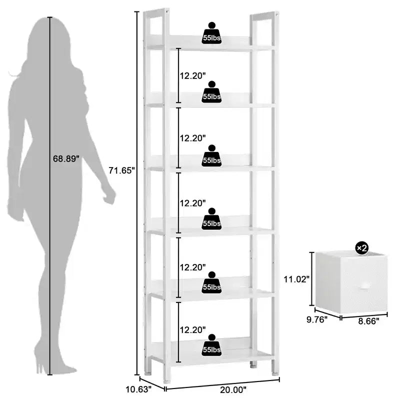 Modern 71 Inch Tall 6 Tier Bookshelf with Two Drawers Wooden Metal Freestanding Bookcase Display Storage Organizer for Home Office Living Room White