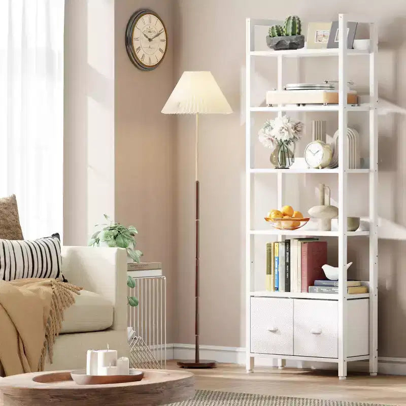 Modern 71 Inch Tall 6 Tier Bookshelf with Two Drawers Wooden Metal Freestanding Bookcase Display Storage Organizer for Home Office Living Room White