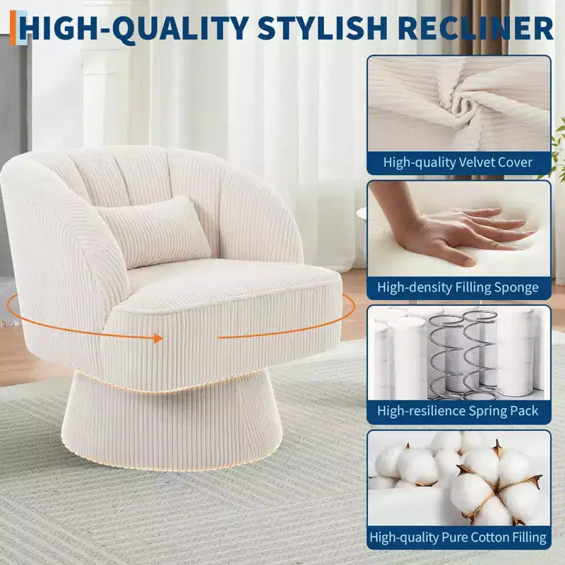 Ultra-Plush Swivel Accent Chair  360 Barrel Lounge with Cloud Padding, Striped Back, Corduroy  Beige