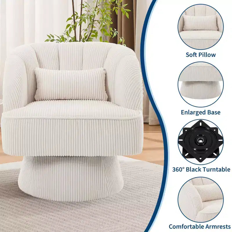Ultra-Plush Swivel Accent Chair  360 Barrel Lounge with Cloud Padding, Striped Back, Corduroy  Beige