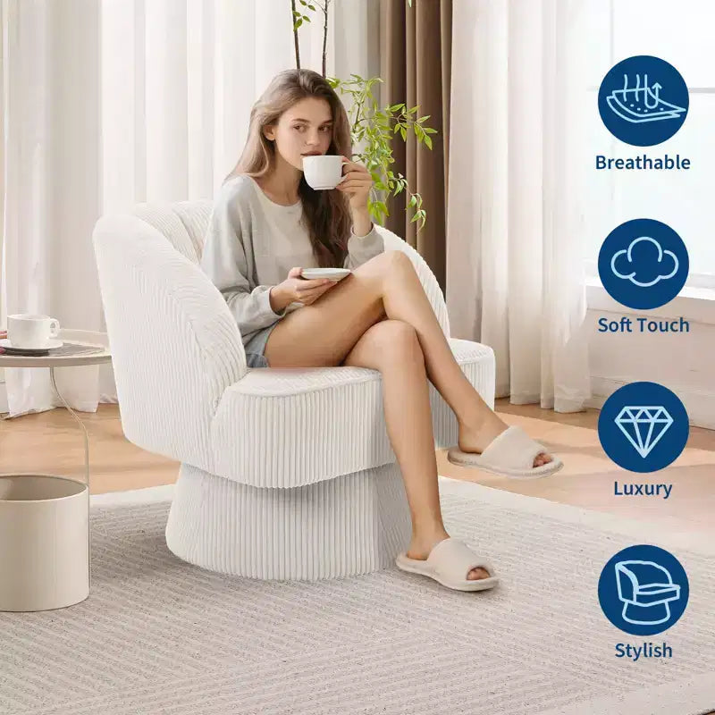 Ultra-Plush Swivel Accent Chair  360 Barrel Lounge with Cloud Padding, Striped Back, Corduroy  Beige
