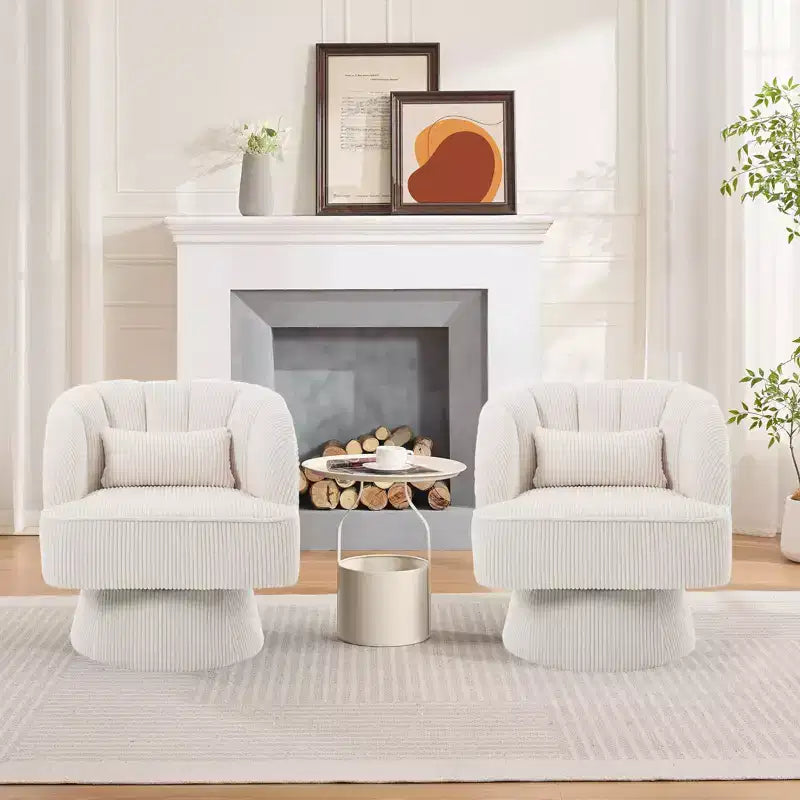 Ultra-Plush Swivel Accent Chair  360 Barrel Lounge with Cloud Padding, Striped Back, Corduroy  Beige