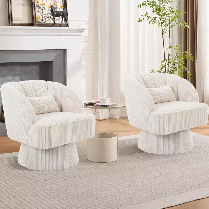 Ultra-Plush Swivel Accent Chair  360 Barrel Lounge with Cloud Padding, Striped Back, Corduroy  Beige