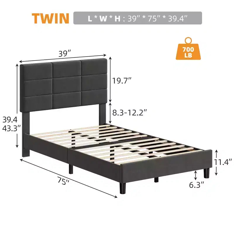 Double bed frame, linen upholstered platform bed frame, adjustable headboard height, no packaging required, gray.