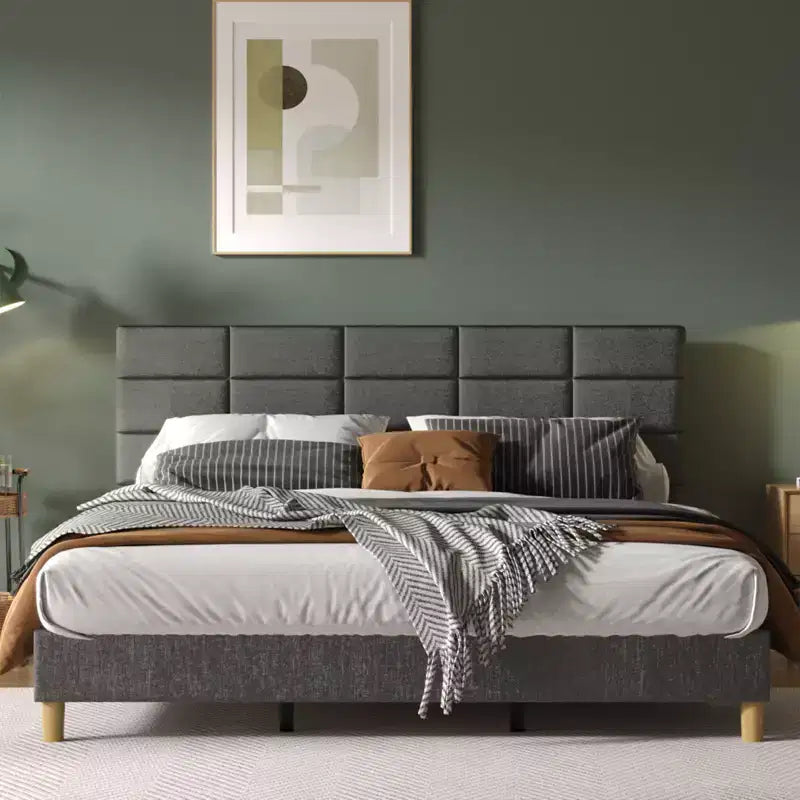 Double bed frame, linen upholstered platform bed frame, adjustable headboard height, no packaging required, gray.