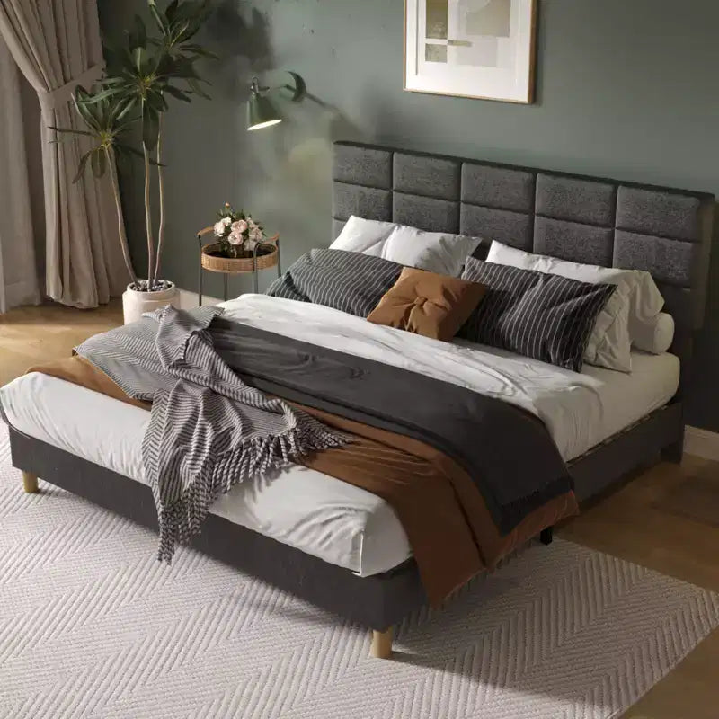Double bed frame, linen upholstered platform bed frame, adjustable headboard height, no packaging required, gray.
