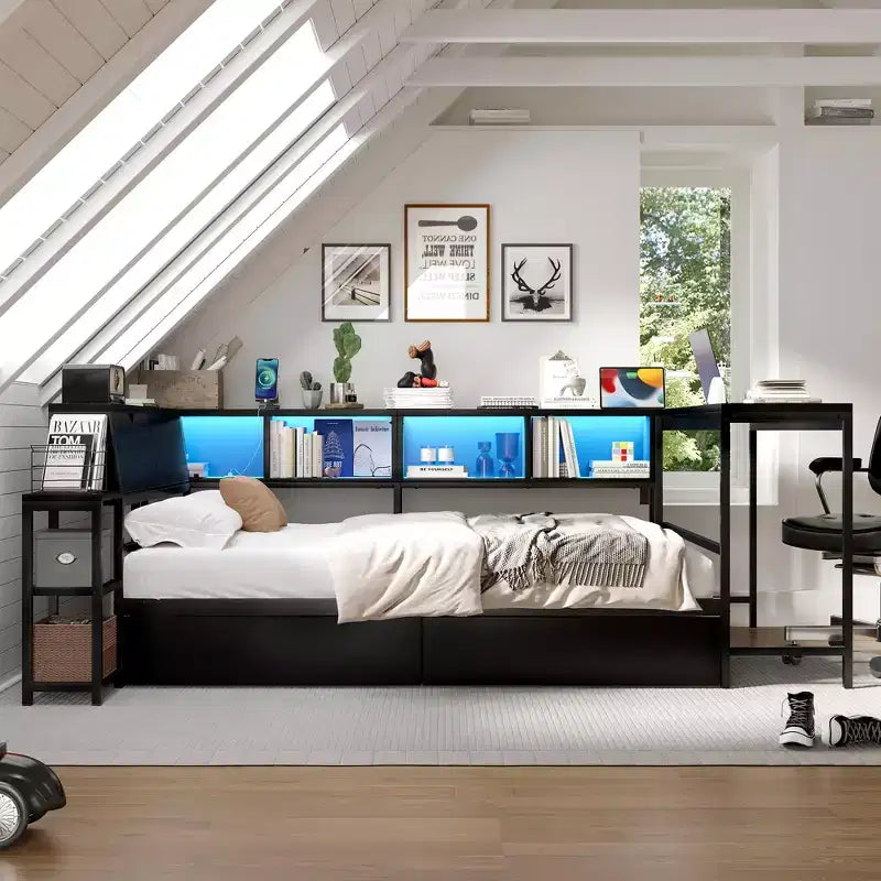 GDFStudio Curme Modern Corner Bed with Bookcase and 2 Underbed Storage Drawers