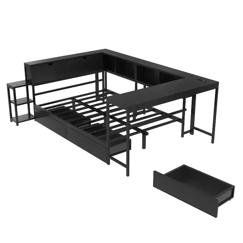 GDFStudio Curme Modern Corner Bed with Bookcase and 2 Underbed Storage Drawers