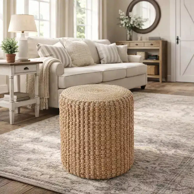 Casafield Handwoven Seagrass Pouf Ottoman, Decorative Indoor Boho Home Accent for Living Room