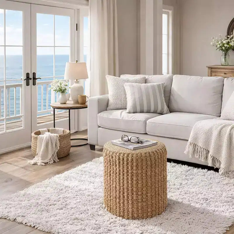 Casafield Handwoven Seagrass Pouf Ottoman, Decorative Indoor Boho Home Accent for Living Room