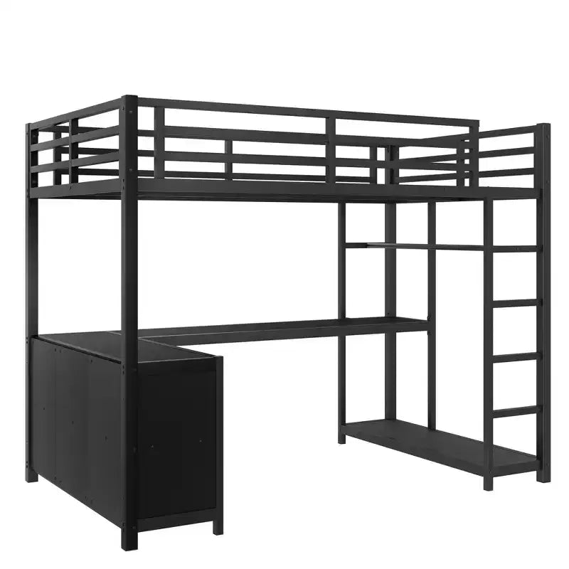 Bellemave Queen Metal Loft Bed with L-Shaped Desk & Wardrobe, Space-Saving Loft Bed with Storage Shelves & Guardrails, Black