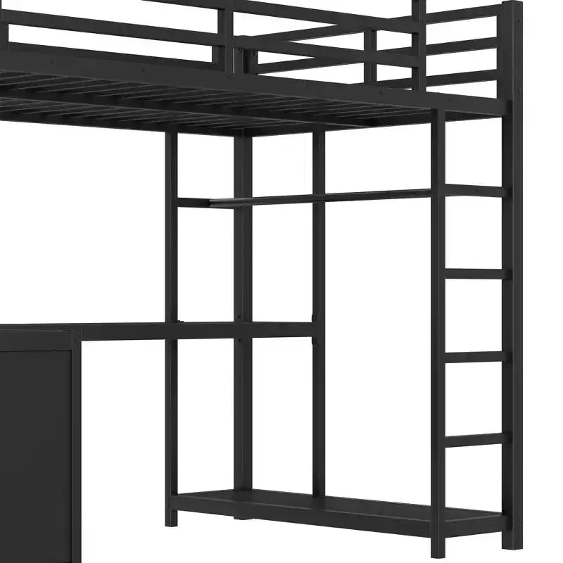 Bellemave Queen Metal Loft Bed with L-Shaped Desk & Wardrobe, Space-Saving Loft Bed with Storage Shelves & Guardrails, Black