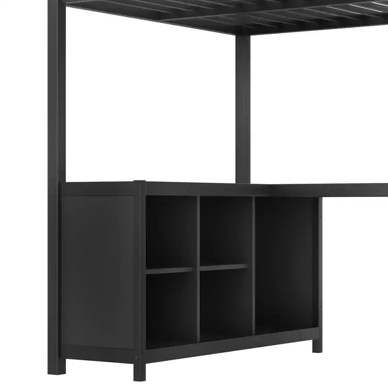 Bellemave Queen Metal Loft Bed with L-Shaped Desk & Wardrobe, Space-Saving Loft Bed with Storage Shelves & Guardrails, Black