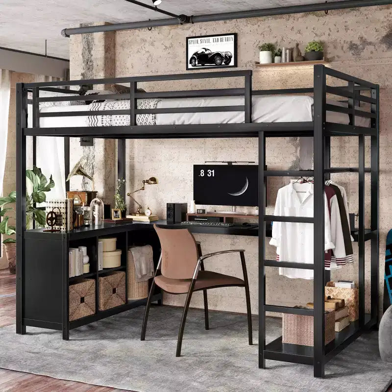 Bellemave Queen Metal Loft Bed with L-Shaped Desk & Wardrobe, Space-Saving Loft Bed with Storage Shelves & Guardrails, Black