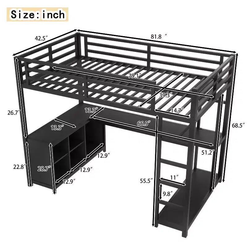 Bellemave Queen Metal Loft Bed with L-Shaped Desk & Wardrobe, Space-Saving Loft Bed with Storage Shelves & Guardrails, Black