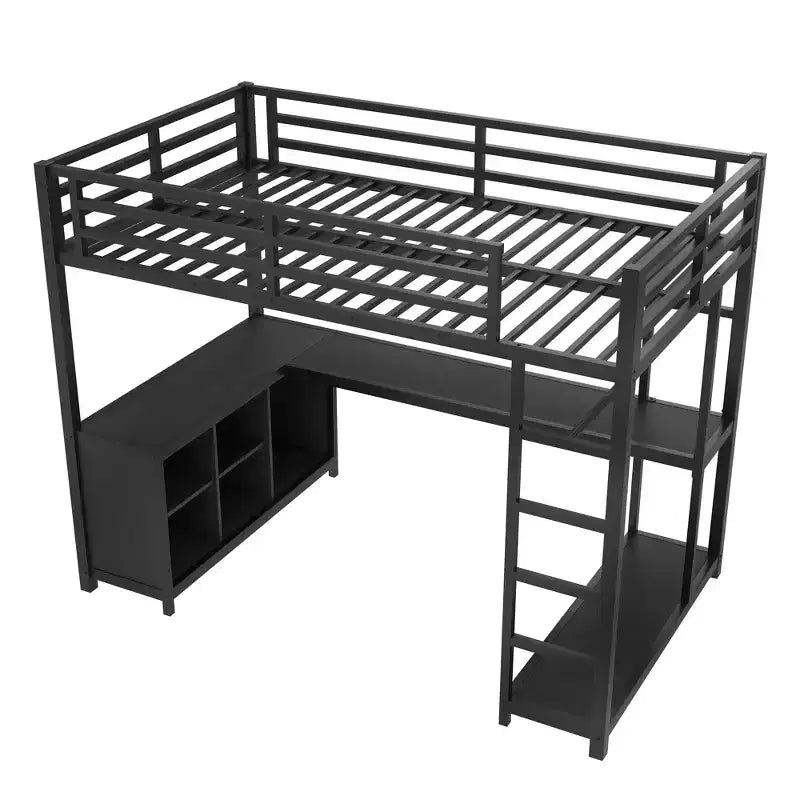 Bellemave Queen Metal Loft Bed with L-Shaped Desk & Wardrobe, Space-Saving Loft Bed with Storage Shelves & Guardrails, Black