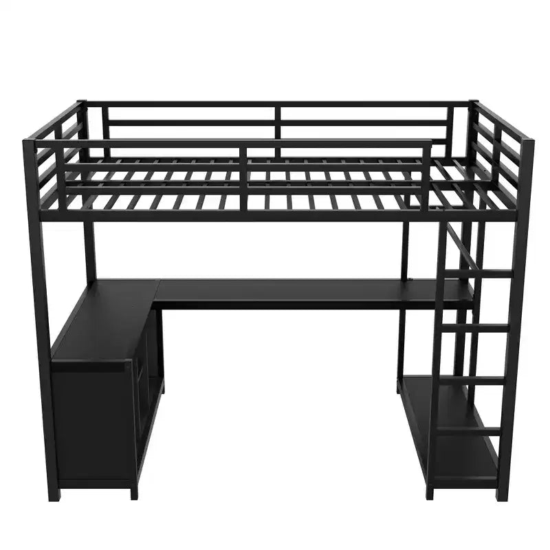 Bellemave Queen Metal Loft Bed with L-Shaped Desk & Wardrobe, Space-Saving Loft Bed with Storage Shelves & Guardrails, Black