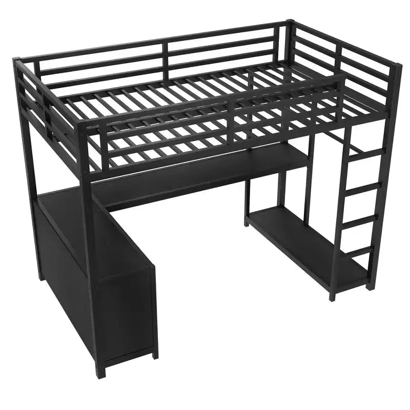 Bellemave Queen Metal Loft Bed with L-Shaped Desk & Wardrobe, Space-Saving Loft Bed with Storage Shelves & Guardrails, Black